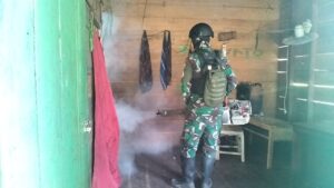 Satgas Yonif 125/SMB Lakukan Fogging Cegah Malaria di Kampung Beremono