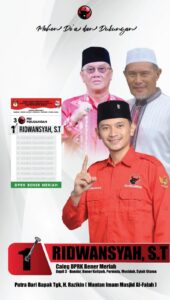 Ridwansyah S.T, : Anak dari Mantan Imam Mesjid Al-Falah, Tgk. H.Razikin Mencalonkan Diri Dari Partai PDI Perjuangan nomor urut 1.